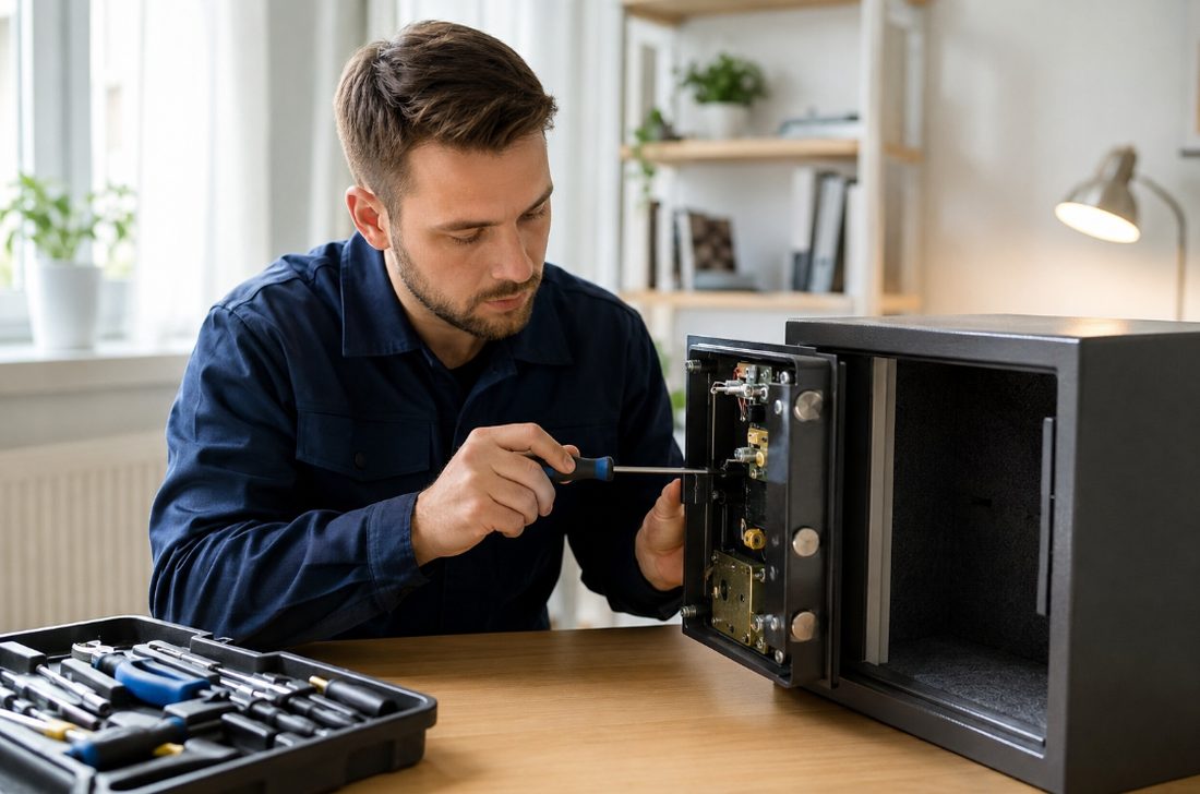 Técnico ajustando el mecanismo interior de una caja fuerte abierta